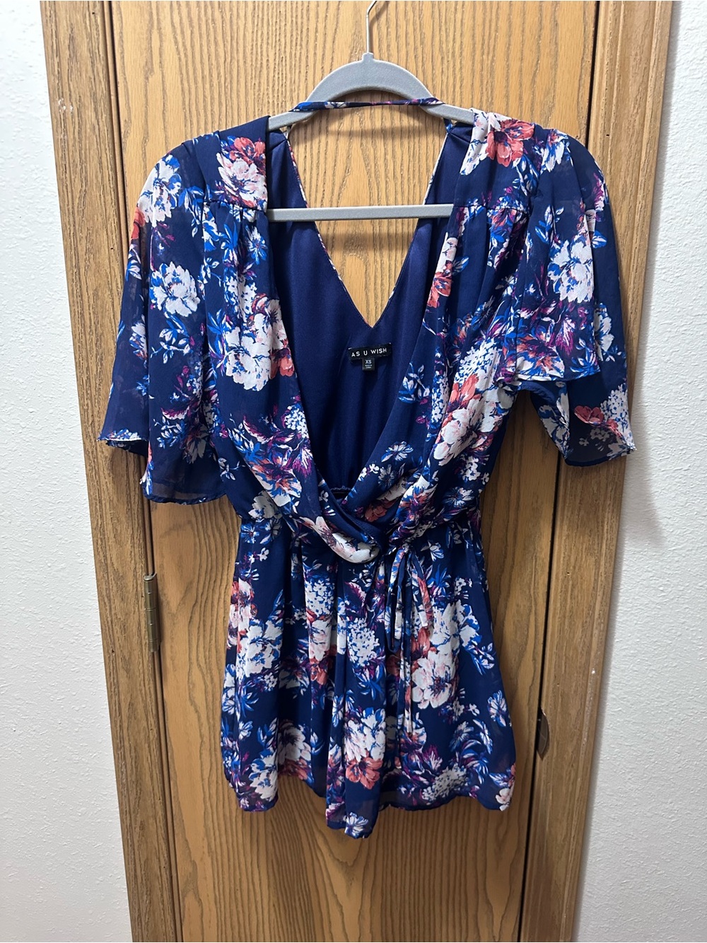 As U Wish Navy Floral Wrap Front Women's Romper